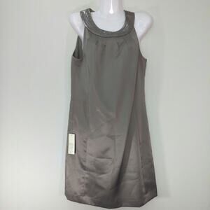 Ann‎ Taylor LOFT Gray Silver Satin Shift Dress Sequin Neck Lined Size 6 NWT